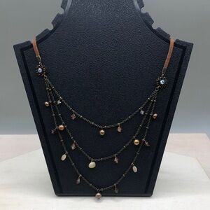 Liz Palacios triple layer beaded leather cord necklace, mop, crystals and pearls
